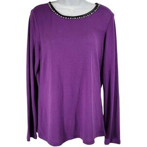 Worthington Purple Long Sleeve‎ Rhinestone Embellished Zipper Neck Top Shirt L